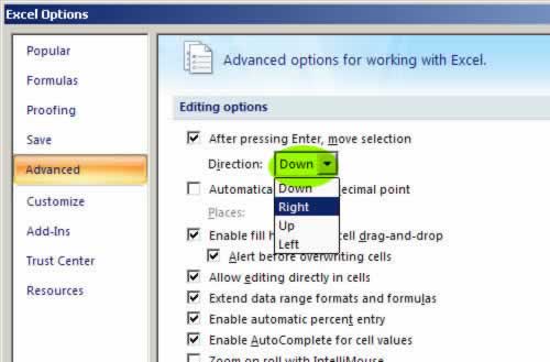 Excel 2007 Advanced Editing Options to change the move selection direction