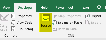 Source button to open XML Source task pane
