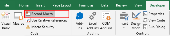 Macro Recorder button on Developer Tab