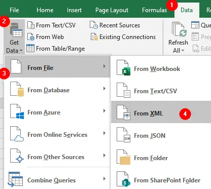 Data tab, Get Data, From File, From XML