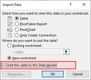 Another dialog box to create data model