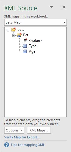 XML Source task pane showing map structure