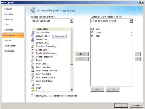 Customize Quick Access Toolbar in Excel 2007