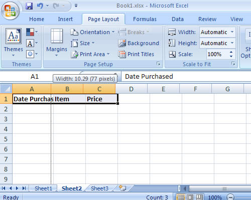 Resizing column width in Microsoft Excel 2007