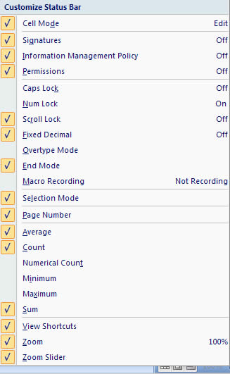 Status Bar Indicators in Excel 2007