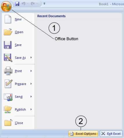 Office button to access the Excel Options