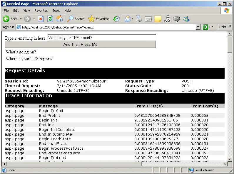Figure 16-4 Tracing turned on for the application in Listing 16-1. These Trace statements track the execution of the page.