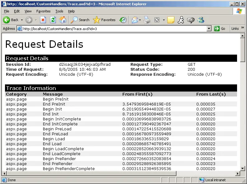 Figure 18-2 The output of the Trace.axd handler when drilling down into a request summary.