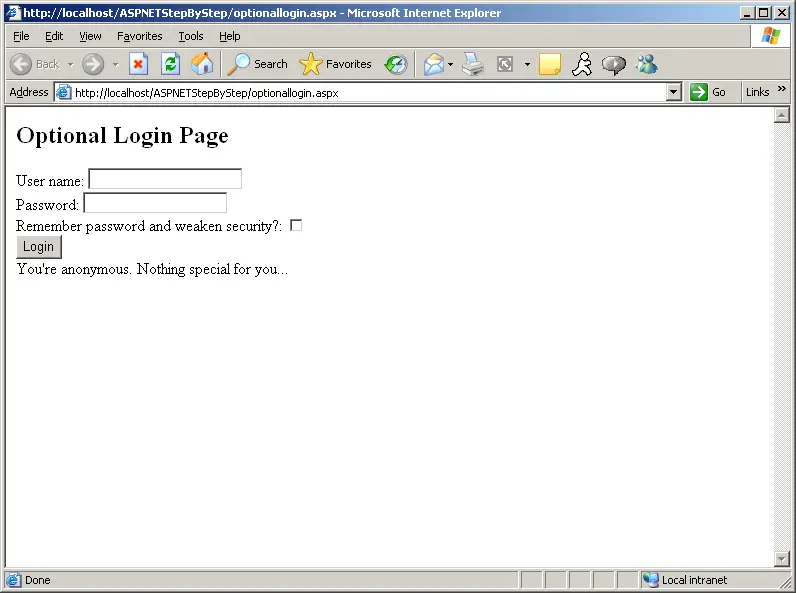 Figure 10-5 The optional login page before an authenticated user logs in.